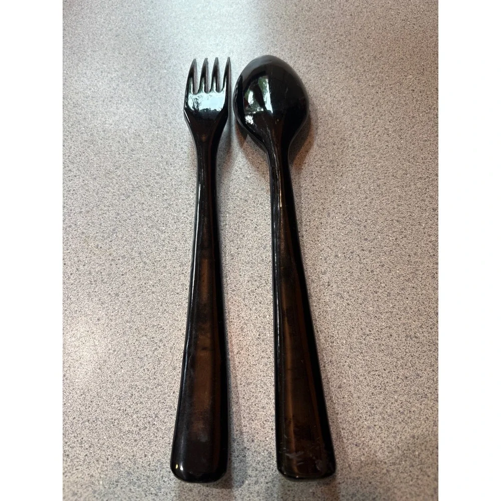 Vintage Japanese‎ Black Lacquerware Salad Serving Spoon Fork Set Nautical Gold